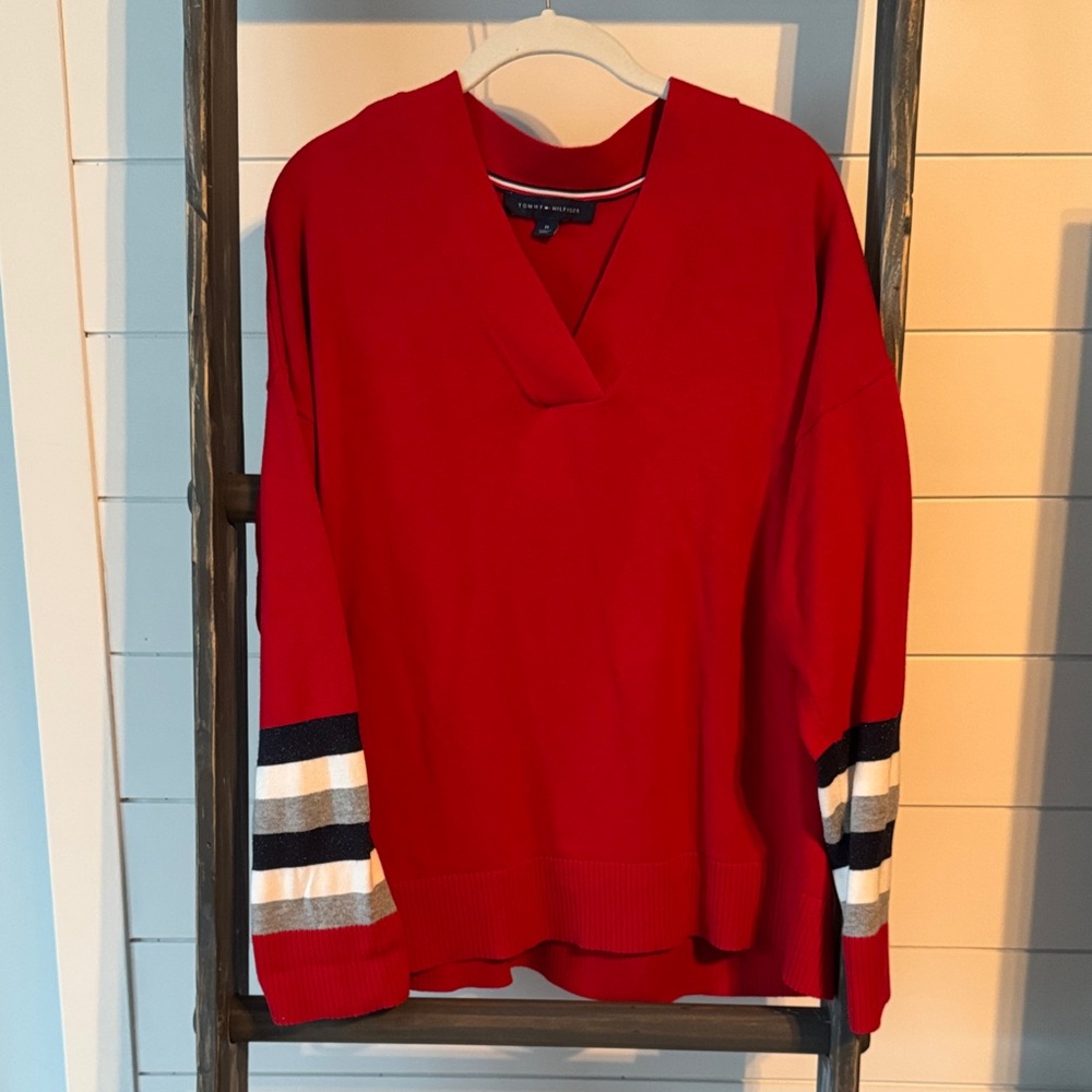 Tommy Hilfiger Bright Red V-Neck Sweater with Striped Cuffs
